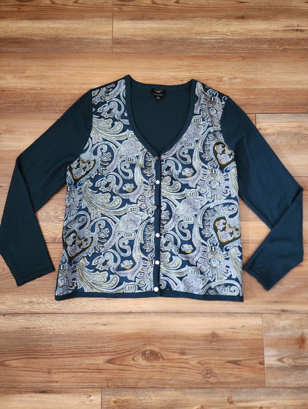 Talbots Cardigan Women's Petite L Teal Paisley Silk Wool